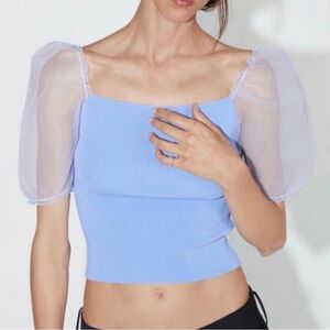 NWT Zara women knit cropped top puffy clear transparent sleeve, sz S, blue